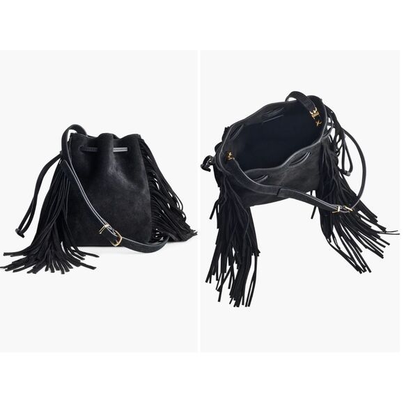 New $158  Madewell The Mini Drawstring Crossbody Black Suede Fringe Bucket Bag - Picture 1 of 4